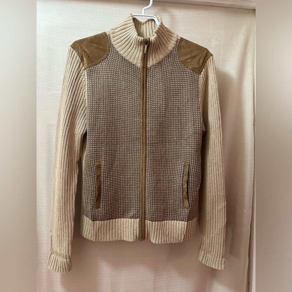 Lauren Ralph Lauren Sweater Jacket M Tan Zip Front Suede Trim Equestrian Womens